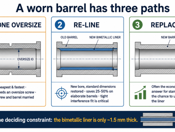 Three paths for a worn extruder barrel: hone oversize with a matched screw, re-line with a new bimetallic sleeve, or replace
