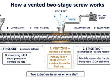 A vented two-stage screw: stage one controls the rate, deep zero-pressure vent channels let volatiles escape, stage two repressurizes