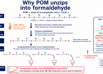POM unzips into formaldehyde: heat above 230°C causes chain scission and depolymerization, releasing formaldehyde gas — polymerization in reverse