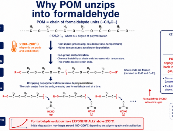 POM unzips into formaldehyde: heat above 230°C causes chain scission and depolymerization, releasing formaldehyde gas — polymerization in reverse