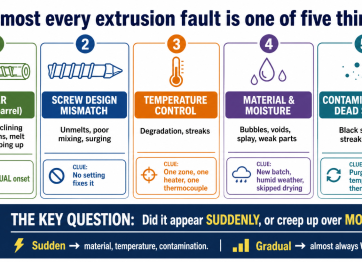 Five root causes of extrusion faults: wear, screw design mismatch, temperature control, material and moisture, and contamination or dead spots