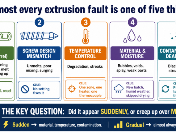 Five root causes of extrusion faults: wear, screw design mismatch, temperature control, material and moisture, and contamination or dead spots