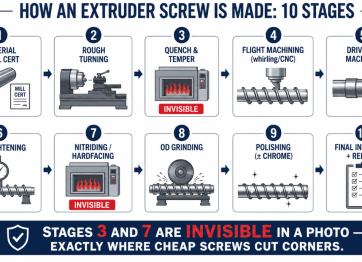 The ten stages of extruder screw manufacturing from steel bar to finished screw