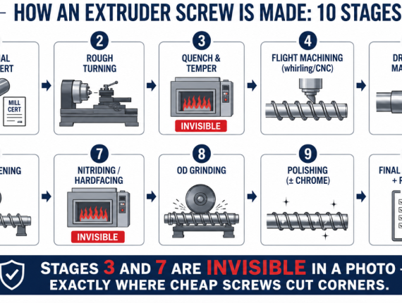 The ten stages of extruder screw manufacturing from steel bar to finished screw