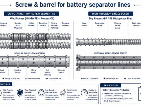 Twin-screw elements for wet-process separator lines and high-precision single screws for dry-process PP and PE