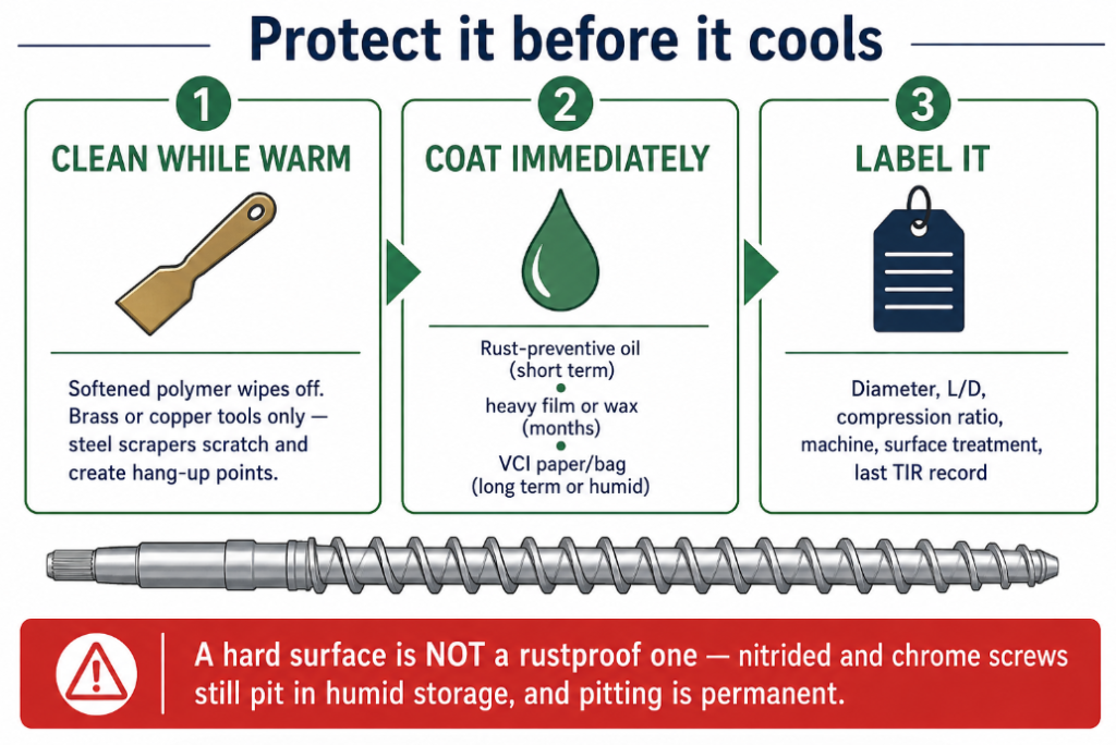 Clean the screw warm with brass tools, coat it with rust preventive or VCI immediately, and label it — hard surfaces still pit in storage