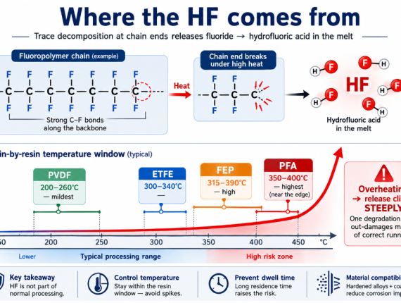 Fluoropolymers release HF from trace decomposition at melt temperature, climbing steeply from PVDF at 200C to PFA near 400C