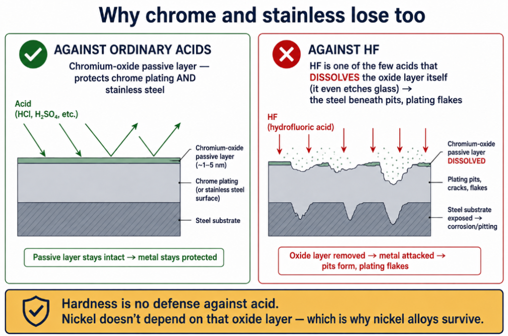 HF dissolves the chromium-oxide passive layer that chrome plating and stainless steel depend on — nickel alloys don't need that layer