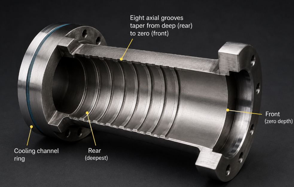 Cutaway groove feed screw barrel bush showing eight axial grooves tapering along the inner bore