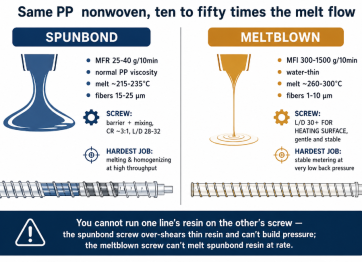 Spunbond runs MFR 25-40 while meltblown runs MFI 300-1500, needing opposite screws