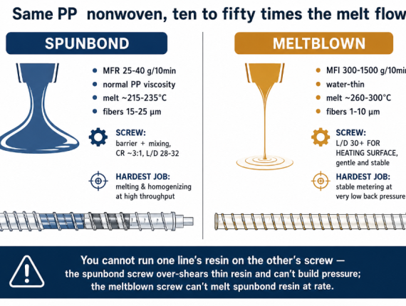Spunbond runs MFR 25-40 while meltblown runs MFI 300-1500, needing opposite screws