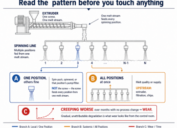 Breaks at one position point downstream; breaks at all positions point upstream to the melt