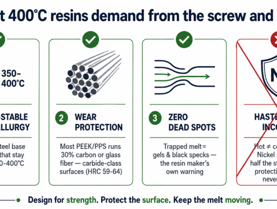 PEEK-class resins need heat-stable metallurgy, carbide wear surfaces, and zero dead spots — but not Hastelloy, which halves screw strength