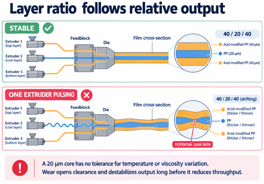 Layer thickness follows relative output, so any extruder pulsing drifts the layer ratio