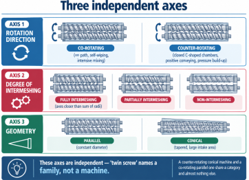 Twin screw extruders classify by rotation direction, intermeshing degree and geometry