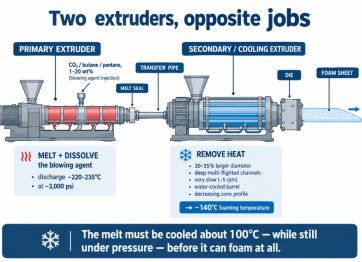A tandem foam line melts and gasses in the primary, then cools about 100°C in the secondary
