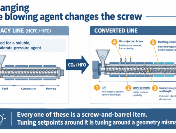 Converting XPS to CO₂ blowing agents changes five screw and barrel design items
