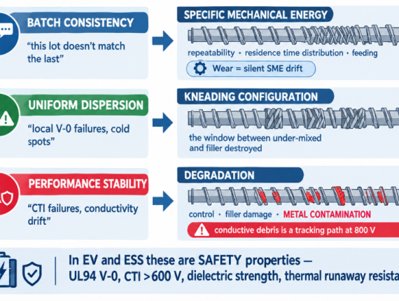 Three EV compound requirements mapped to SME, kneading configuration, and wear state