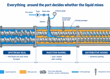 A liquid injection barrel needs a seal upstream and distributive mixing downstream