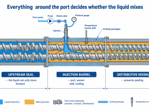 A liquid injection barrel needs a seal upstream and distributive mixing downstream