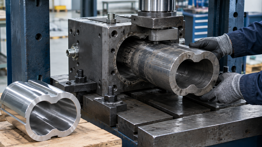 Worn figure-8 liner being pressed out of a twin screw barrel housing in a workshop