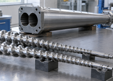 Matched pair of conical twin screws resting beside their tapered barrel in a workshop