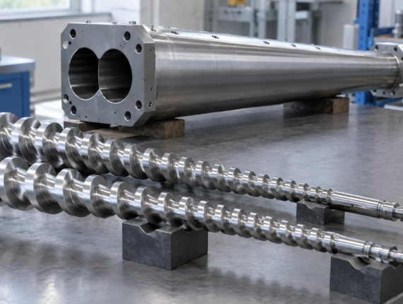 Matched pair of conical twin screws resting beside their tapered barrel in a workshop