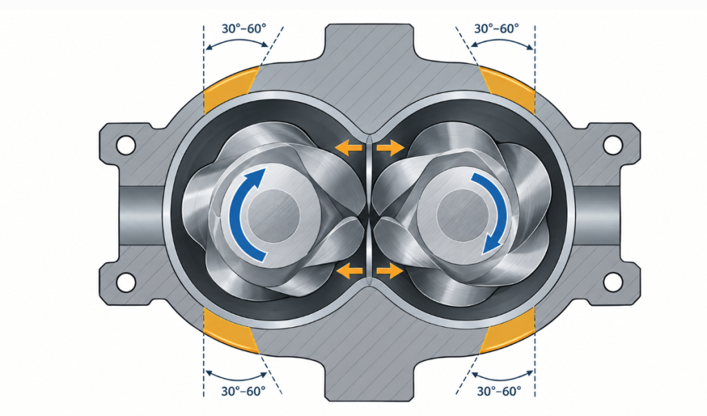 Cross-section diagram of counter-rotating conical screws with the 30 to 60 degree wear band