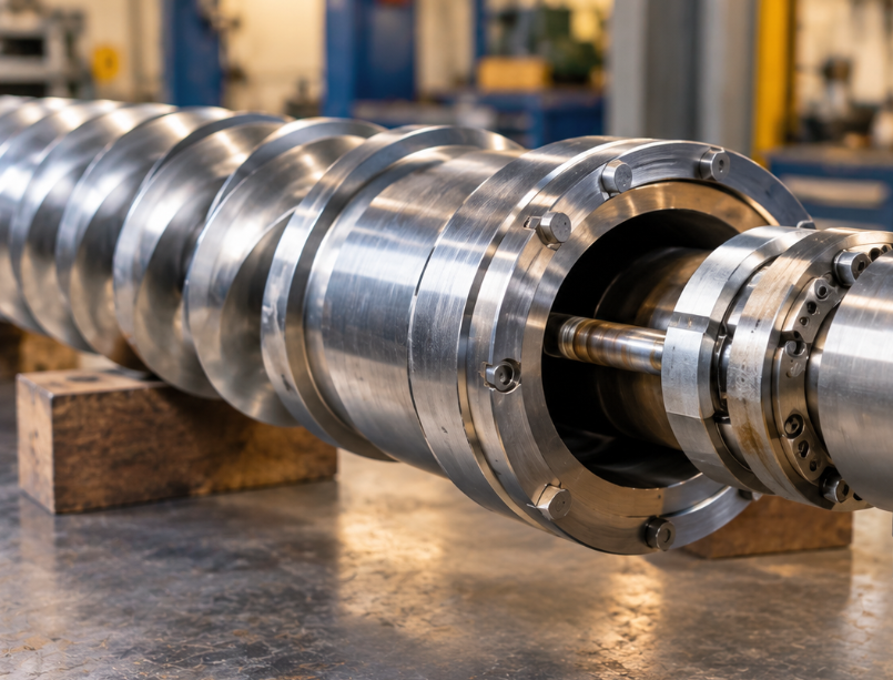 Conical PVC screw with internal oil passage and rotary union at the drive end