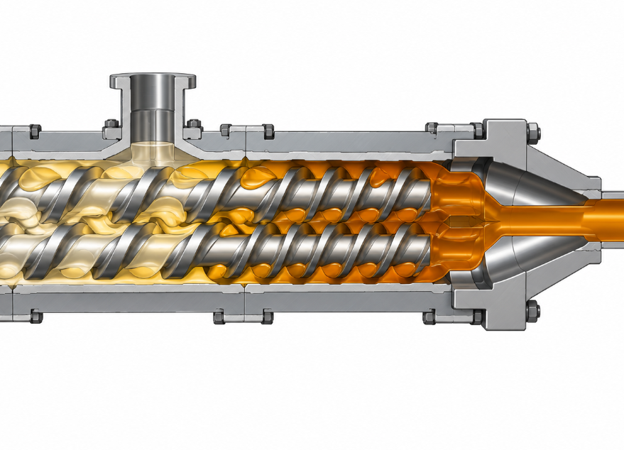 Cutaway of filled pressure-build zone at the end of a co-rotating twin screw barre