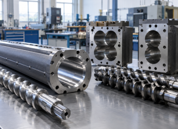 Matched single screw and barrel set with twin screw barrel sections in a factory workshop