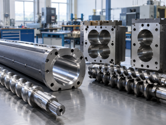 Matched single screw and barrel set with twin screw barrel sections in a factory workshop