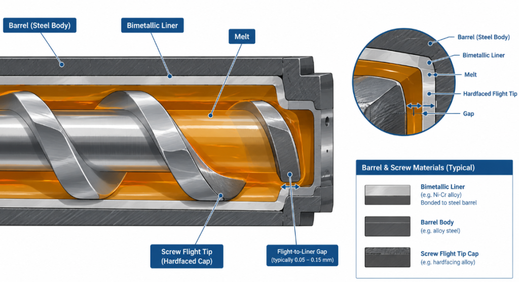 Cross-section diagram of flight clearance between a screw flight and a bimetallic barrel liner