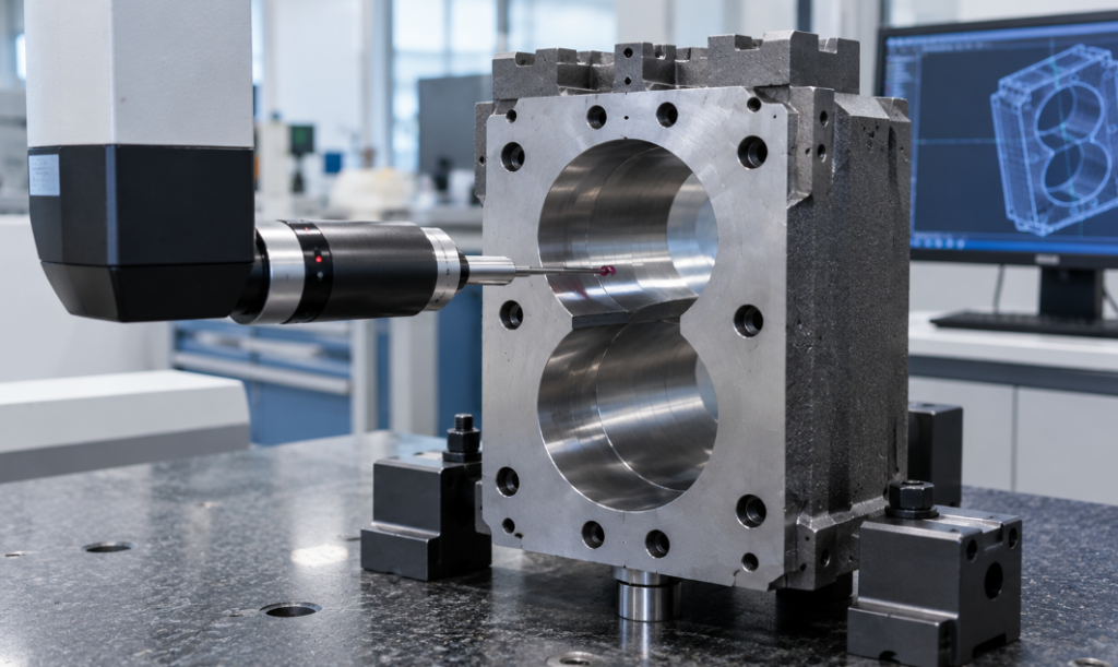CMM probe measuring the figure-8 bore of a twin screw extruder barrel section